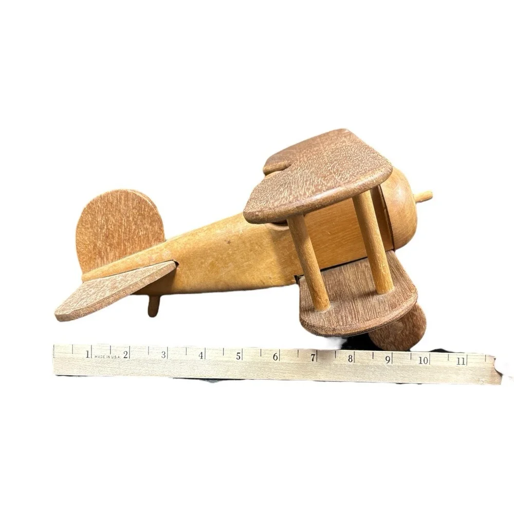 Handmade Wooden Bi-Plane Airplane Hardwood‎ Medium Stain Vintage
